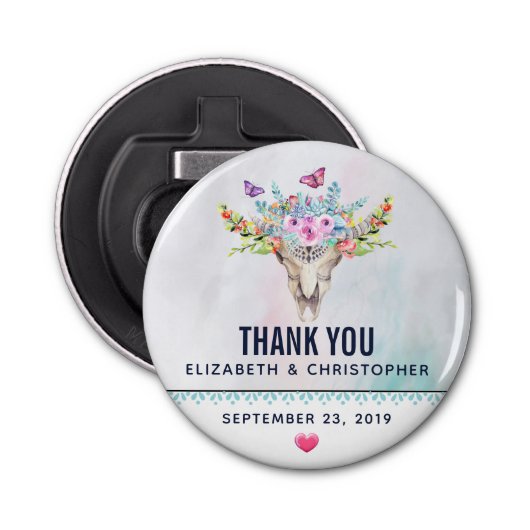 Boho Skull mit einer blutigen Bouquet-Hochzeit Flaschenöffner (Vorderseite)