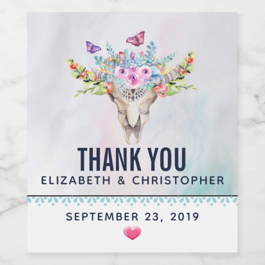 Boho Skull mit einer blutigen Bouquet-Hochzeit Weinetikett (Einzelnes Label)