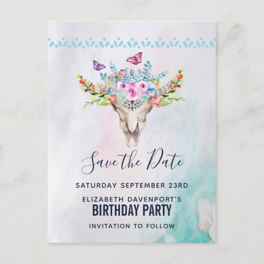 Boho Skull mit Floral Bouquet Save the Date Postkarte (Vorderseite)
