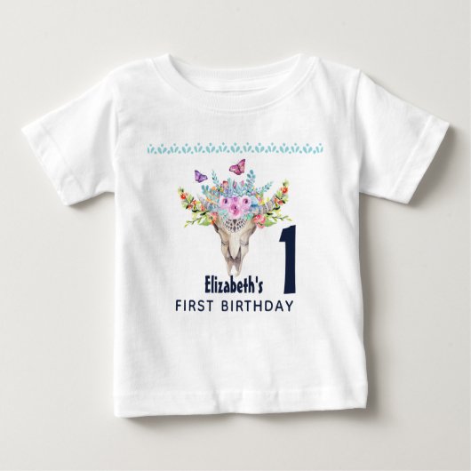Boho Skull mit Schmetterlingen und Blume Geburtsta Baby T-shirt (Vorderseite)
