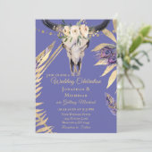 Boho Skull Periwinkle und Gold auf einer Hochzeit Einladung (Stehend Vorderseite)