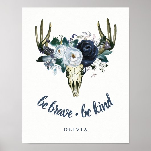 Boho Skull und Blue Peonies | Seien Sie tapfer, se Poster (Vorne)