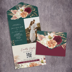 Boho-Smaragd-QR-Code-Hochzeit All In One Einladung
