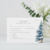 Boho Snowy Mountain & Pine Trees Wedding RSVP Card (Stehend Vorderseite)