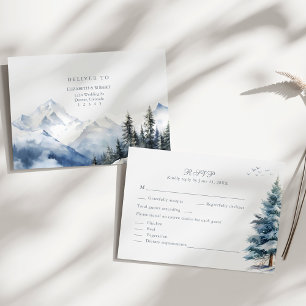 Boho Snowy Mountain & Pine Trees Wedding RSVP Card Dankeskarte