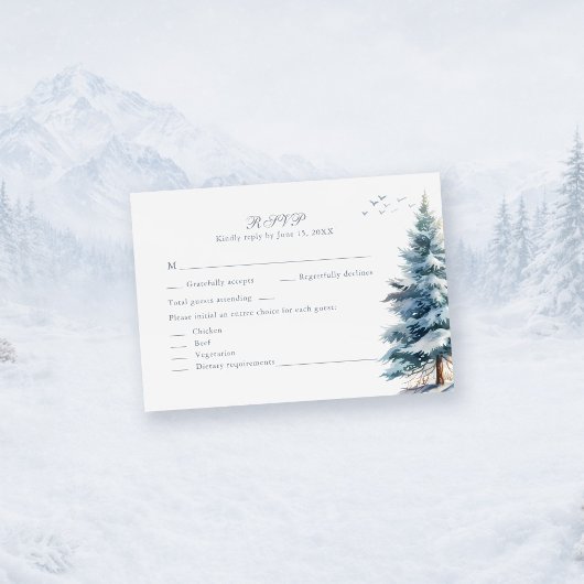 Boho Snowy Mountain & Pine Trees Wedding RSVP Card Karte