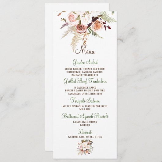 Boho Soft Colored Rose/White Blume Hochzeitmenü Einladung (Vorne/Hinten)