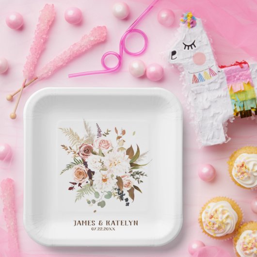 Boho Soft farbige Rose/weiße Blume Hochzeit Pappteller (Party)