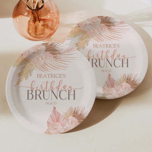 Boho Soft Pink Blume Birthday Brunch Party Pappteller
