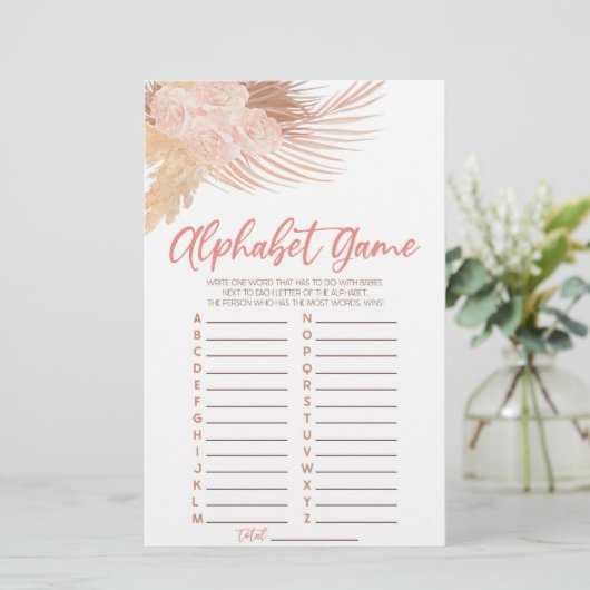 Boho Soft Pink Floral Alphabet Baby Shower Game Briefpapier (Stehend Vorderseite)