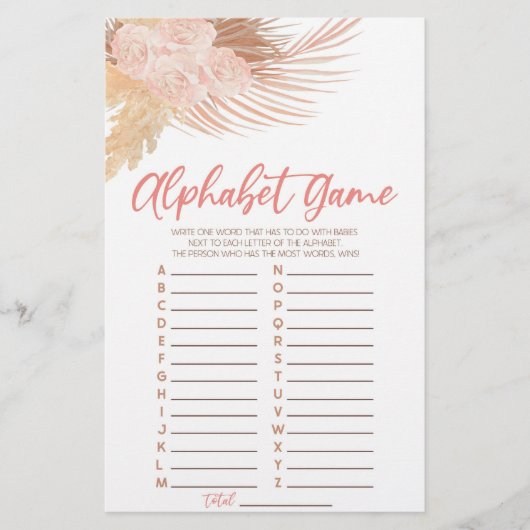 Boho Soft Pink Floral Alphabet Baby Shower Game Briefpapier (Vorderseite)