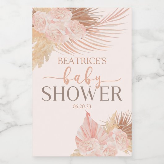 Boho Soft Pink Floral Blume Babydusche Weinetikett (Einzelnes Label)