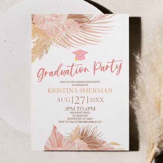 Boho Soft Pink Floral Flower Graduation Party Einladung