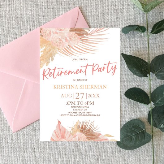 Boho Soft Pink Floral Flower Retirement Party Einladung