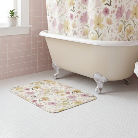 Boho Soft Pink Wasserfarbe Wildblume Badematte