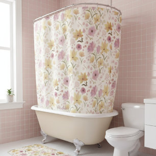 Boho Soft Pink Watercolor Wildblume Duschvorhang