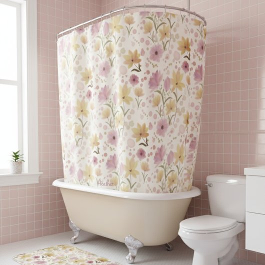 Boho Soft Pink Watercolor Wildblume Duschvorhang