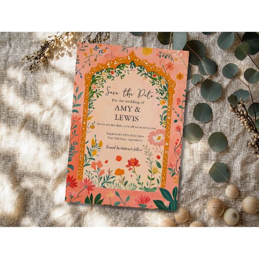 Boho-Sommer-Rosa-Blumen-Save-the-Date-Einladung Save The Date