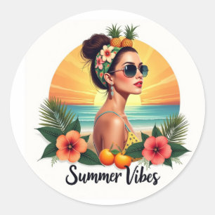 Boho-Sommergirl-Retro-Sonnenuntergangs-Sticker Runder Aufkleber