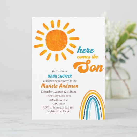 Boho Sonne Aquarell hier kommt der Sohn Baby S Einladung (Stehend Vorderseite)
