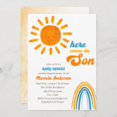 Boho Sonne Aquarell hier kommt der Sohn Baby S Einladung (Vorne/Hinten)