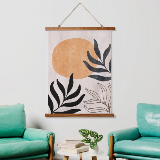 Boho Sonne botanische Pflanze Kunst abstrakt minim Wandteppich Mit Holzrahmen (Wohnzimmer)