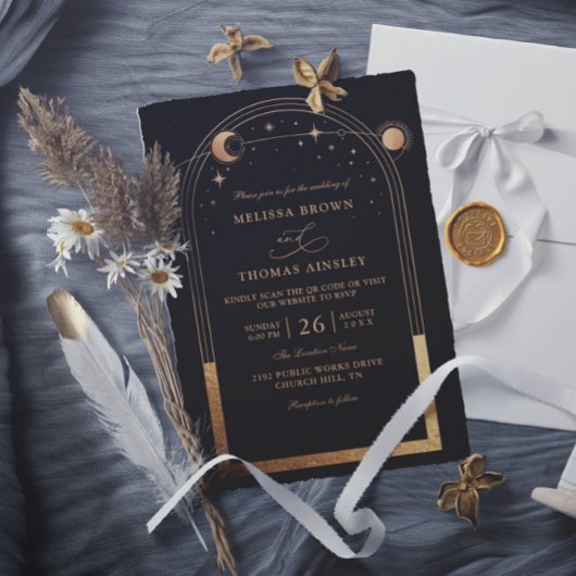 Boho Sonne Mond Astronomie Budget QR Code Hochzeit Einladung