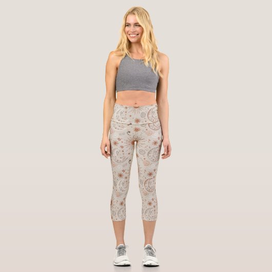 Boho-Sonne- und Mondmuster Capri Leggings (Vorderseite)