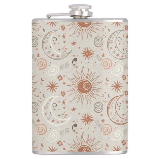 Boho-Sonne- und Mondmuster Flachmann (Vorderseite)