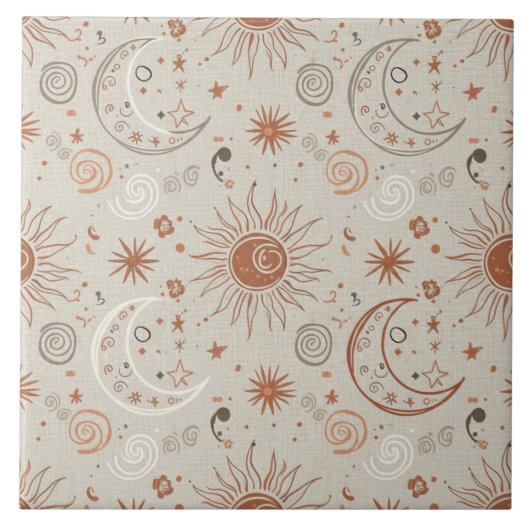 Boho-Sonne- und Mondmuster Fliese (Vorderseite)