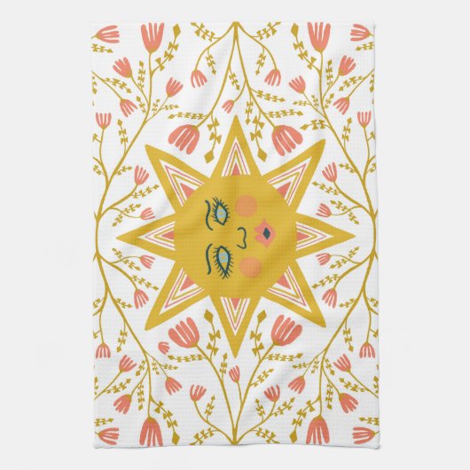 Boho Sonnen & Blüten Reben Rosa Gelb Geschirrtuch (Vertikal)