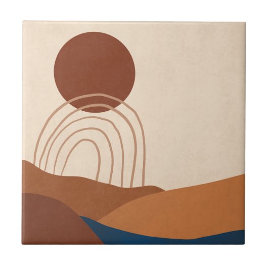 Boho-Sonnen-Regenbogen-Landschaft Rostbraun Blau B Fliese (Vorderseite)