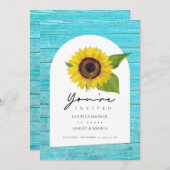 Boho Sonnenblume Arched Aquamarine Holzpaare Dusch Einladung (Vorne/Hinten)