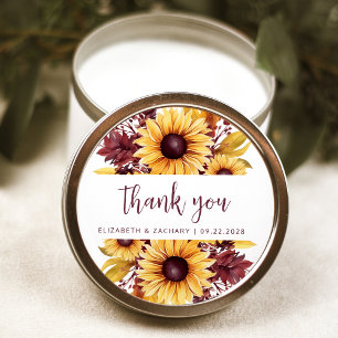 Boho-Sonnenblume-Burgunder-Blumen-Hochzeit-Danke Runder Aufkleber