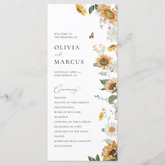 Boho Sonnenblume Golden Rays Blumen Elegante Hochz Programm (Vorderseite)