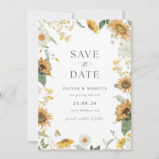Boho Sonnenblume Golden Rays Blumen Elegante Hochz Save The Date (Vorderseite)