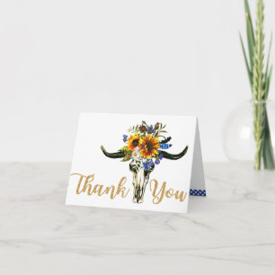 Boho Sonnenblume-Longhorn-Schädel-Land danken Dankeskarte