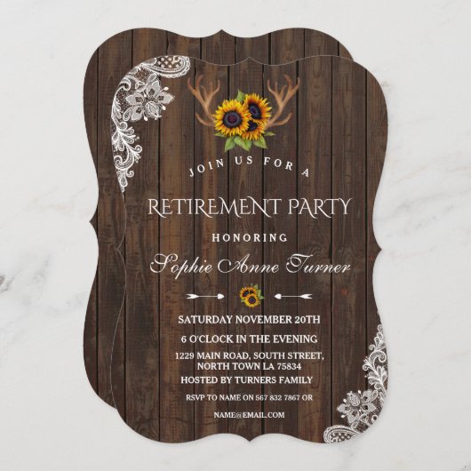 Boho Sonnenblumen Antlers Woodlace Retirement Part Einladung (Vorne/Hinten)
