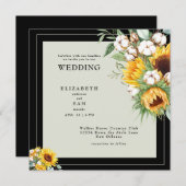 Boho Sonnenblumen & Cotton Square Black Wedding Einladung (Vorne/Hinten)