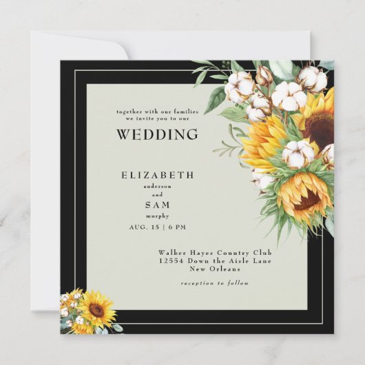 Boho Sonnenblumen & Cotton Square Black Wedding Einladung (Vorderseite)