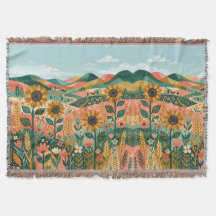 Boho-Sonnenblumen-Decke – Lachs und grünes Feld