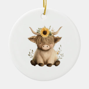 Boho-Sonnenblumen-Hochlandkuh Keramik Ornament