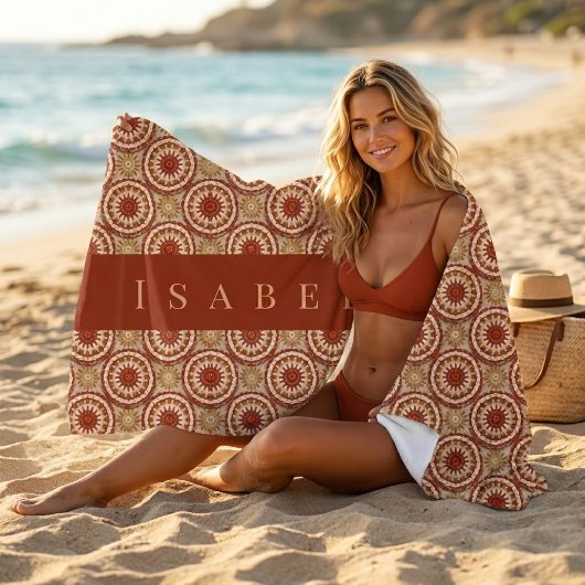 Boho-Sonnenstrahl-Häkelmuster Terrakotta-Monogramm Strandtuch
