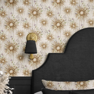 Boho Sonnenstrahl und Lavendel-Beige-Blumenmuster Tapete