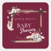 Boho Southwestern Burgundy Babydusche Quadratischer Aufkleber (Vorderseite)