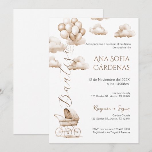 Boho Spanish Baptisl Girl Einladung (Vorne/Hinten)