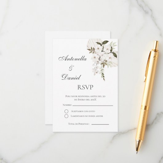 Boho Spanish Wedding RSVP Card Begleitkarte (Vorderseite/Rückseite Beispiel)