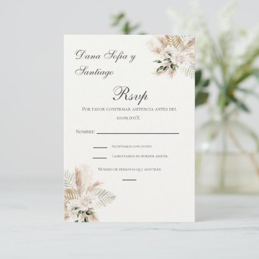 Boho Spanish Wedding RSVP Karte (Stehend Vorderseite)
