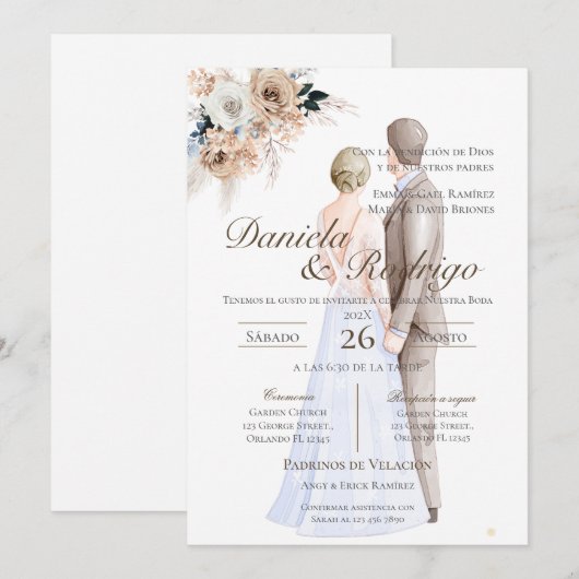 Boho Spanish with bride and groom wedding Einladung (Vorne/Hinten)