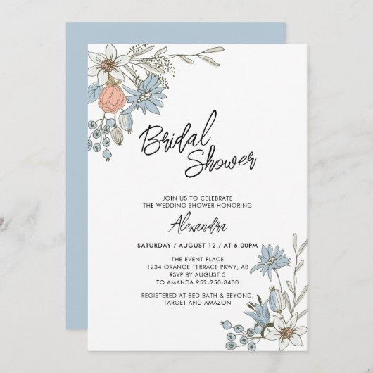 Boho Spring Blue Floral Bridal Brunch Dusche Invit Einladung (Vorne/Hinten)